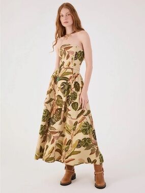 Dress to Strapless Beige Botanical Print Midi Dress